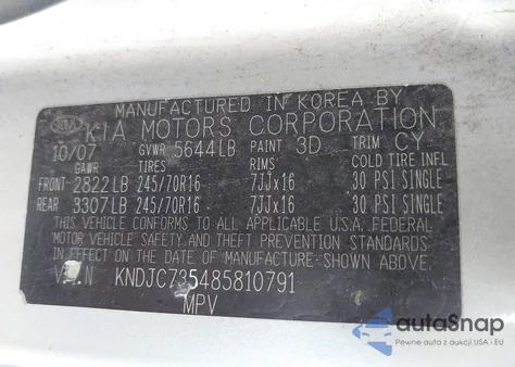 2008 Kia Sorento Lx z USA, uszkodzony, nr VIN KNDJC735485810791